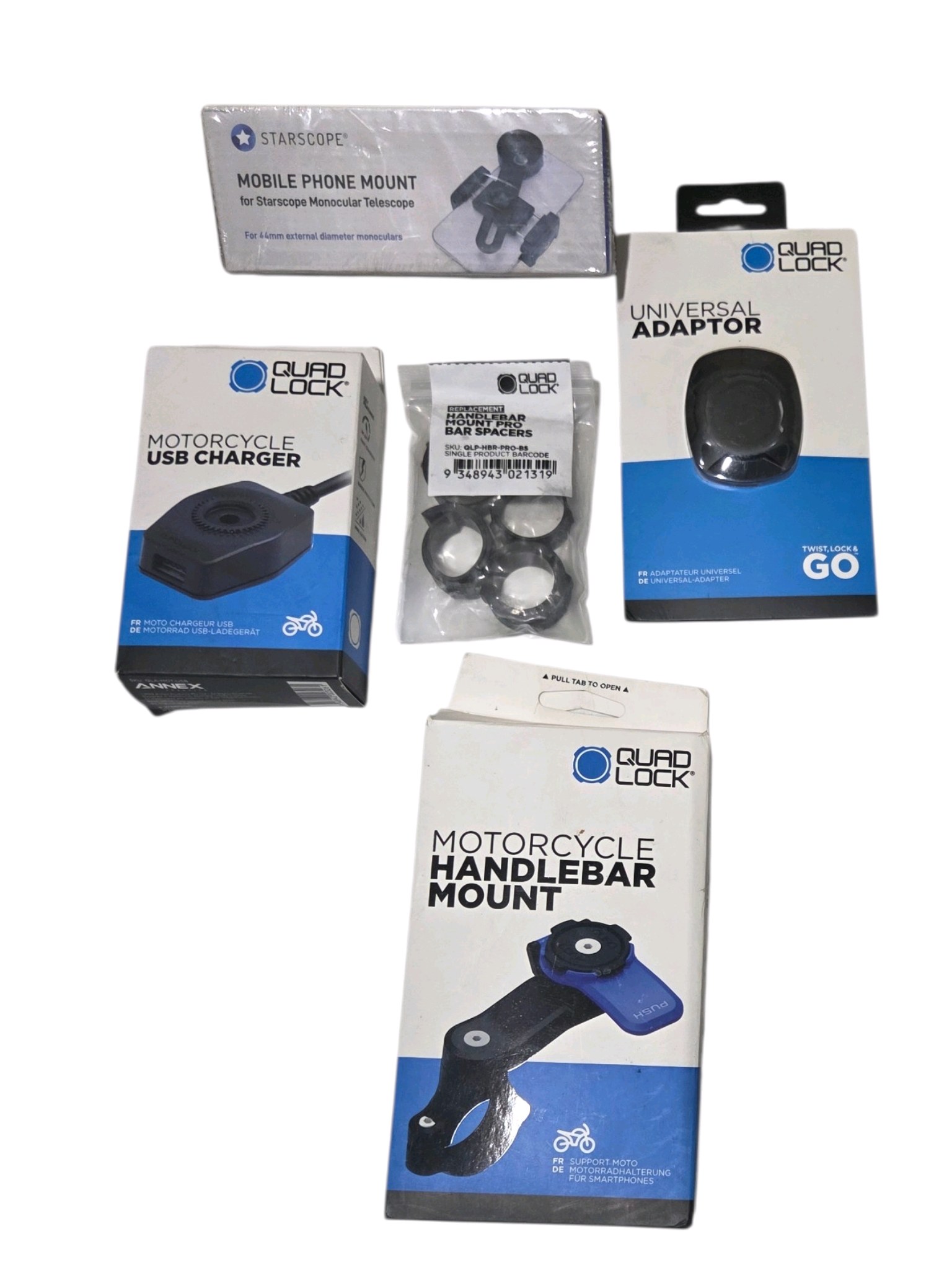 Quad Lock Motorcycle Mount & USB Charger Lot w Universal Adapter, Spacers & Starscope Phone Mount