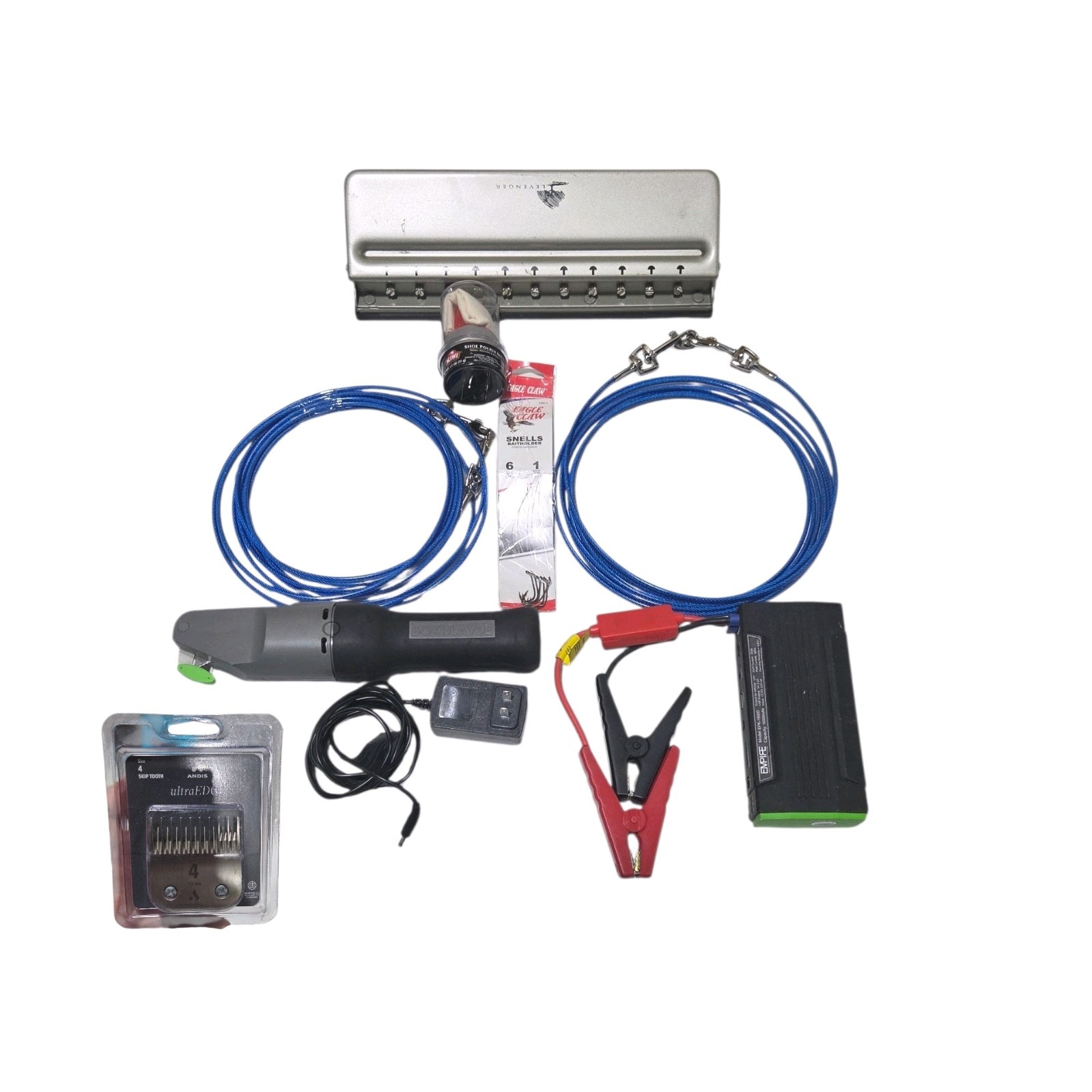 Mixed Tool & Accessory Lot w Empire Jump Starter, BoxBlayde Cutter, Andis Blade & Fishing Gear