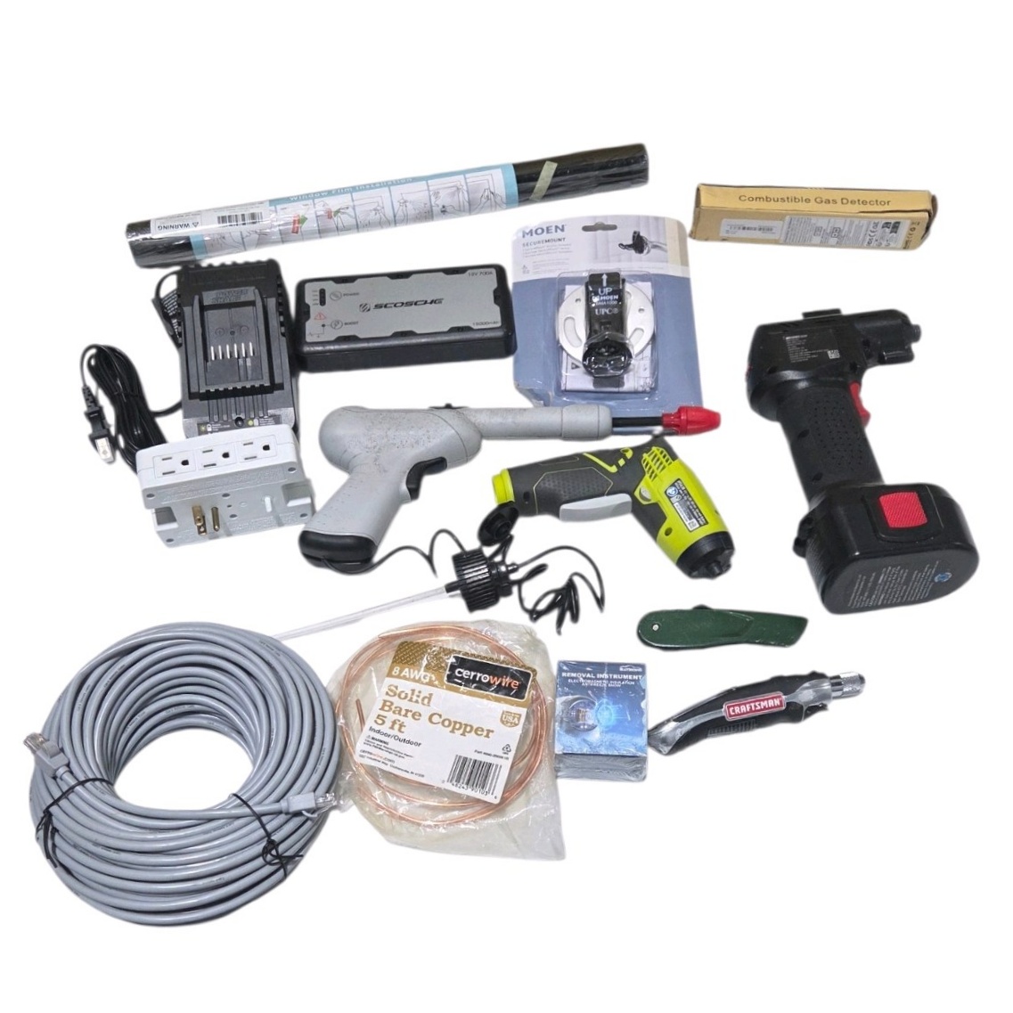 Mixed Tool & Hardware Lot w Ryobi Screwdriver, Scosche Jump Starter, Air Hawk, Moen, Wire & More