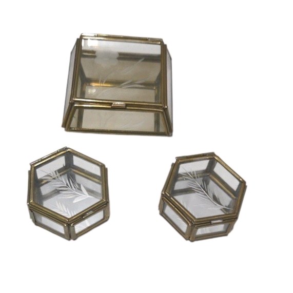 Lot of 3 Vintage-Style Brass Tone Glass Trinket Jewelry Boxes Etched Floral Leaf