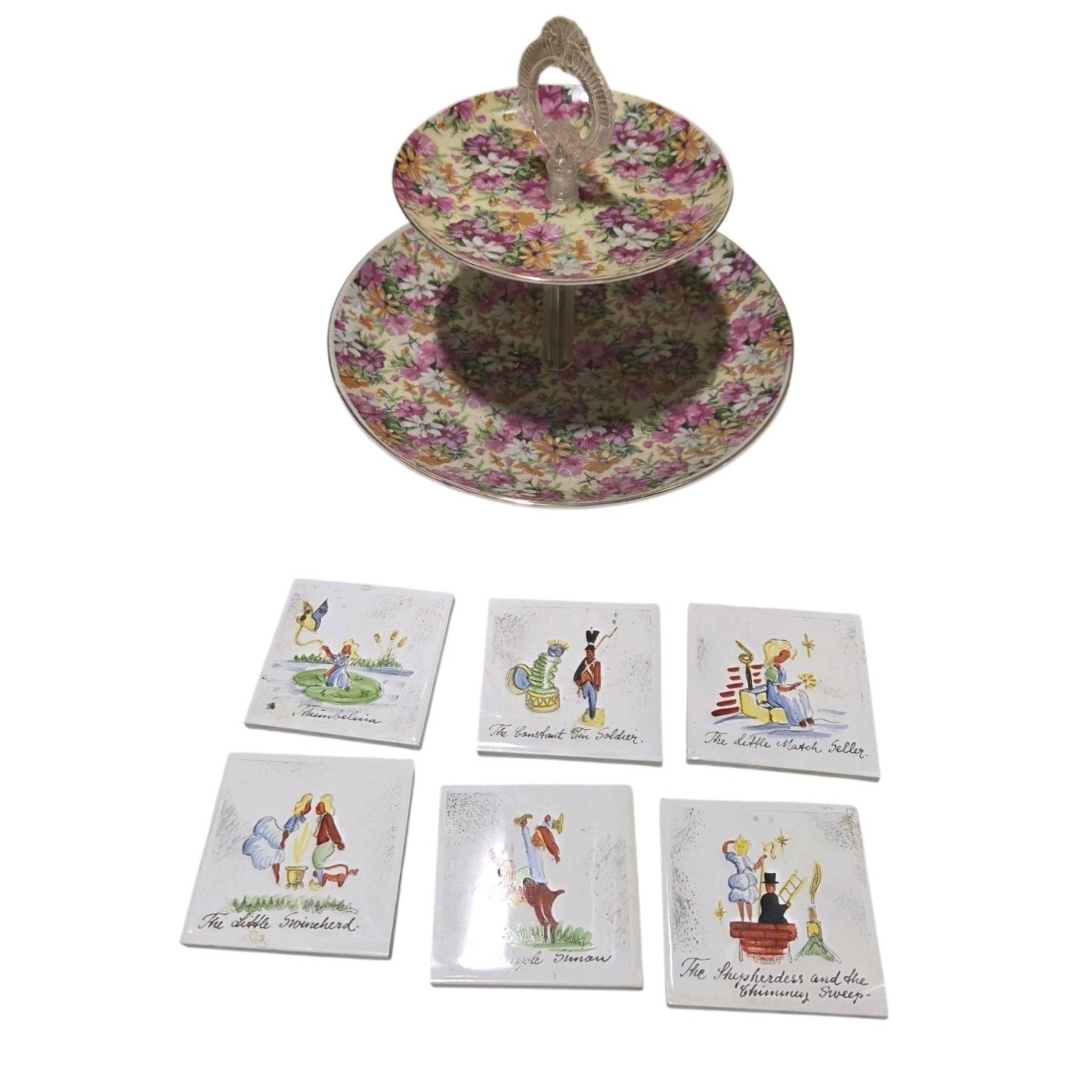 Floral 2-Tier Dessert Stand With Hans Christian Andersen Tile Coasters Lot