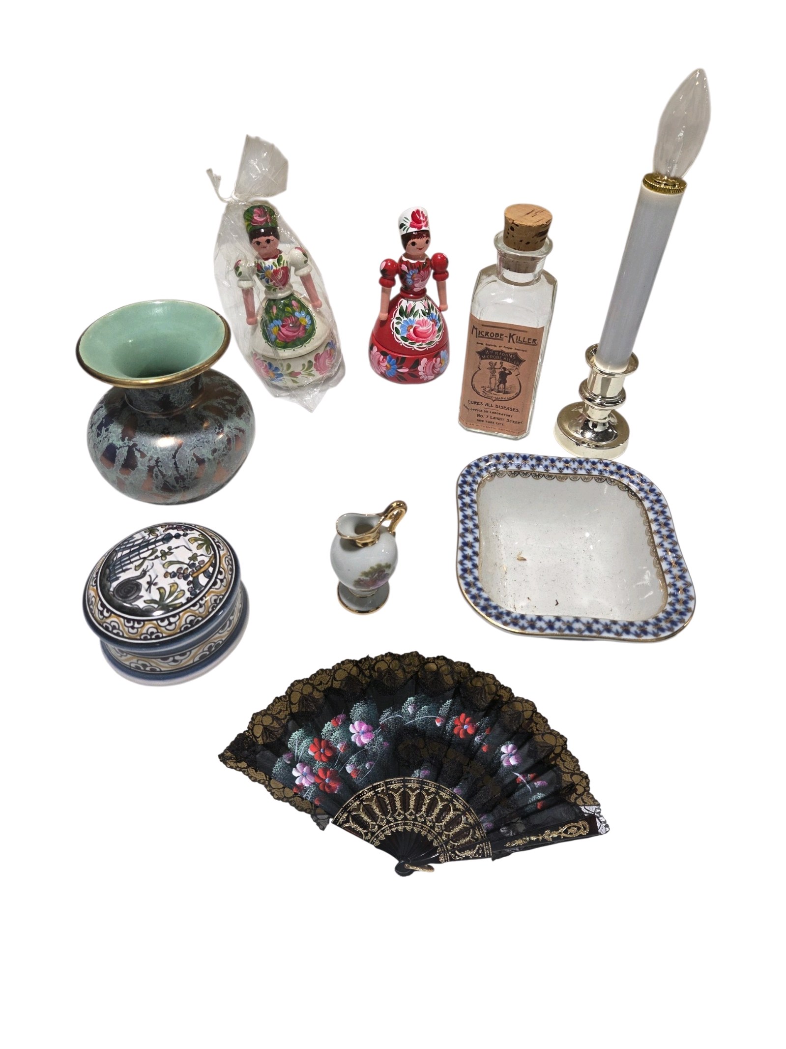 Vintage Style Decorative Collectibles Lot  Porcelain Figurines, Glass Boxes, Fan, Vase, Dish & More