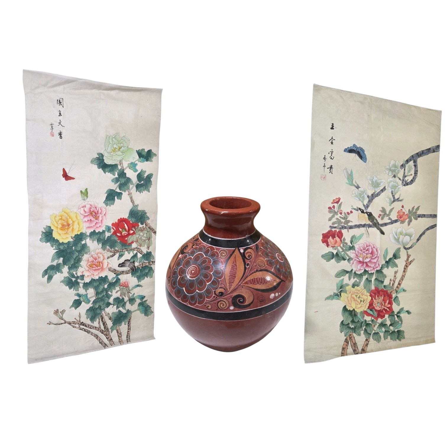 Asian Floral Wall Art Fabric Panels & Signed Pottery Vase Dcor Lot