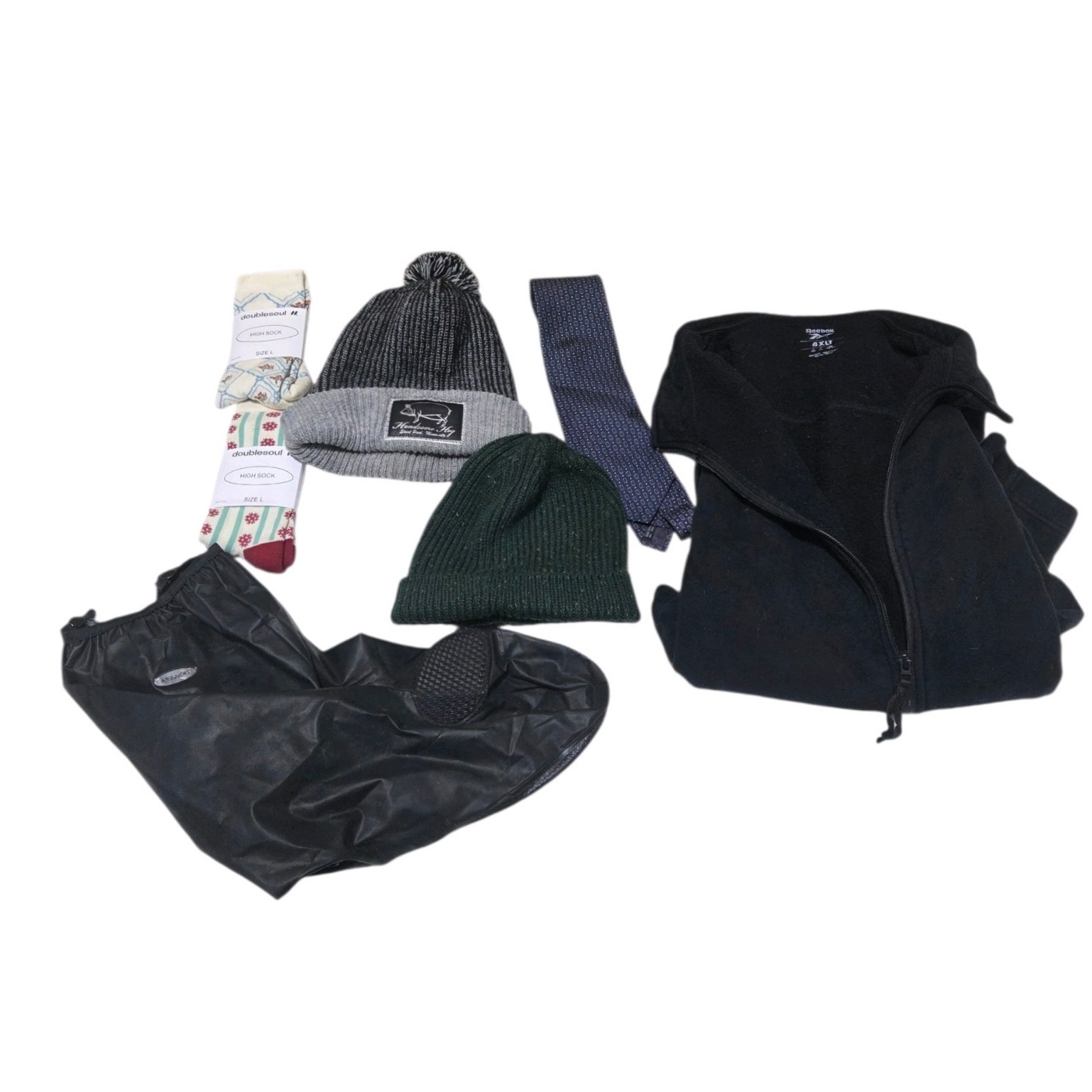 Mixed Clothing & Accessories Lot - Reebok 4XLT Fleece, Hats, Socks, Tie, Arunners Shoe Cover