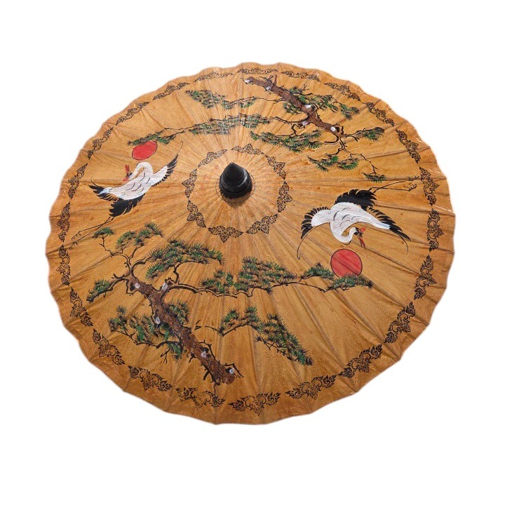 Asian Style Paper Parasol Umbrella Crane and Tree Design Wood Handle