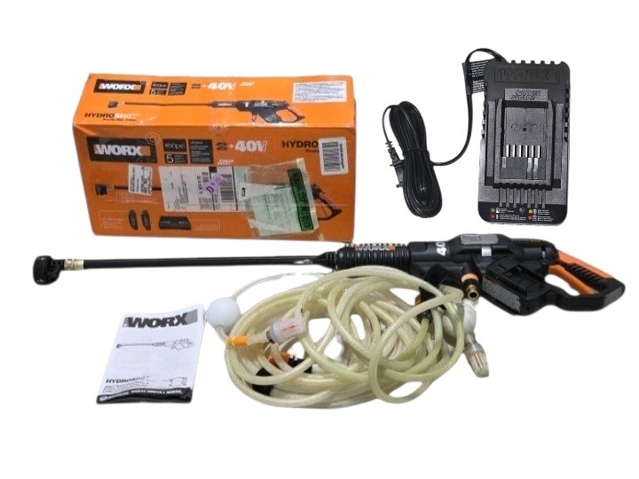 Retail value $229.99 WORX Hydroshot WG644 40V Cordless Portable Power Cleaner  450 PSI  Tool and battery charger