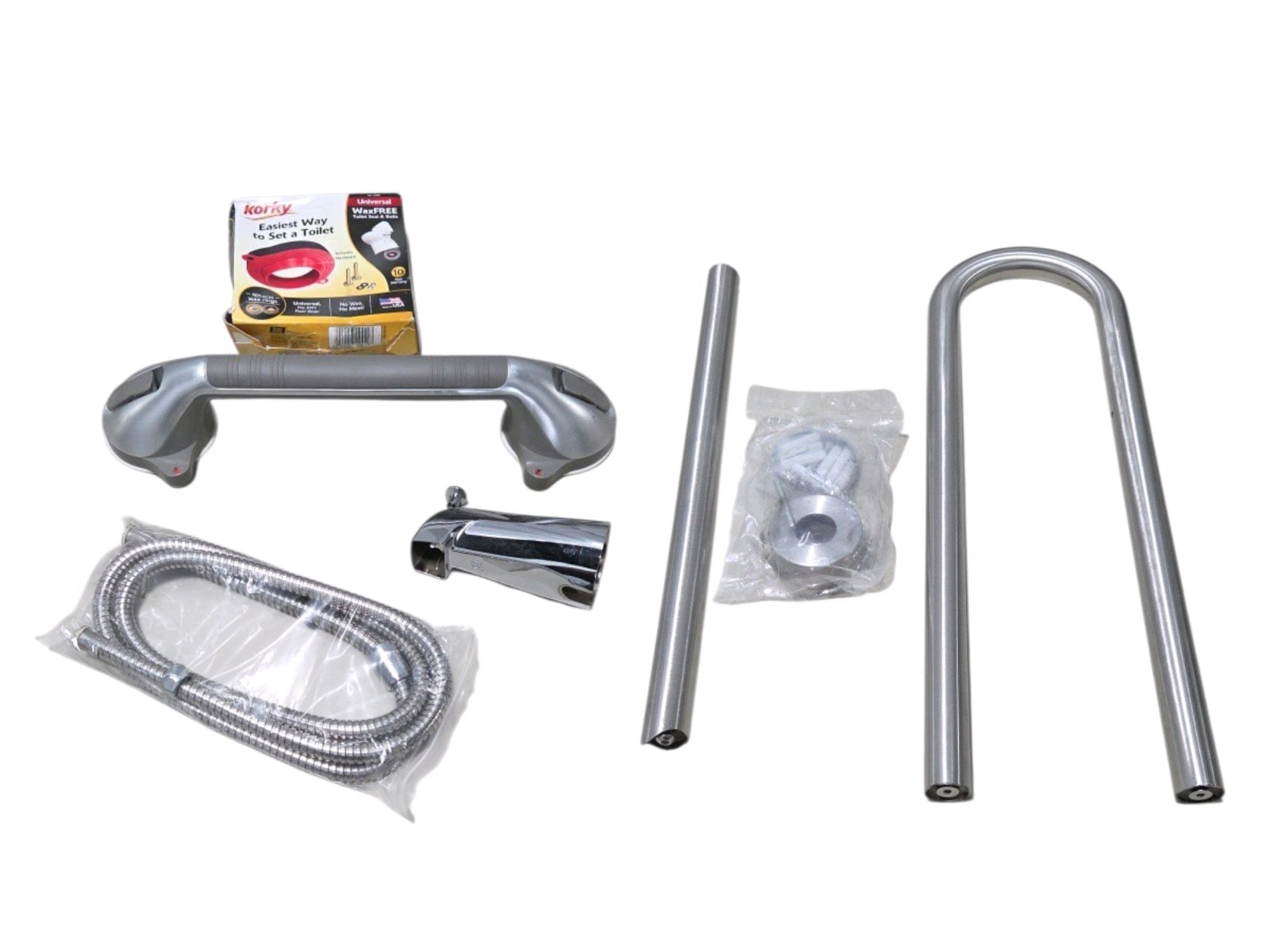 Mixed Bathroom Hardware Lot Korky Toilet Seal Shower Hose Tub Spout Grab Bar and Shower Caddy and Bathtub Safety Grab Bar Rail With Mounting Hardware
