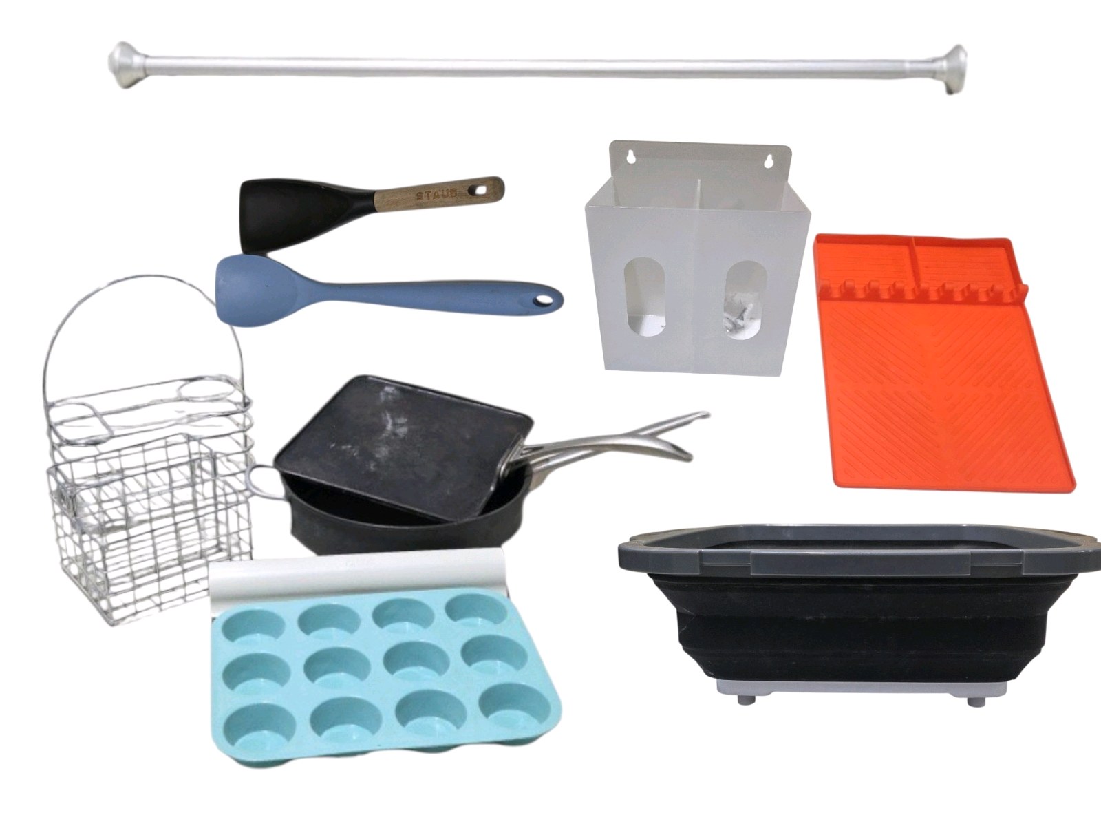 Mixed Kitchen Household Lot Pans Muffin Tray Wire Baskets Wrap Dispenser, Tension Rod, Collapsible Basin, Silicone Drying Matt, Silicone Serving Utensils, and Wall Mount Dual Glove Box Holder