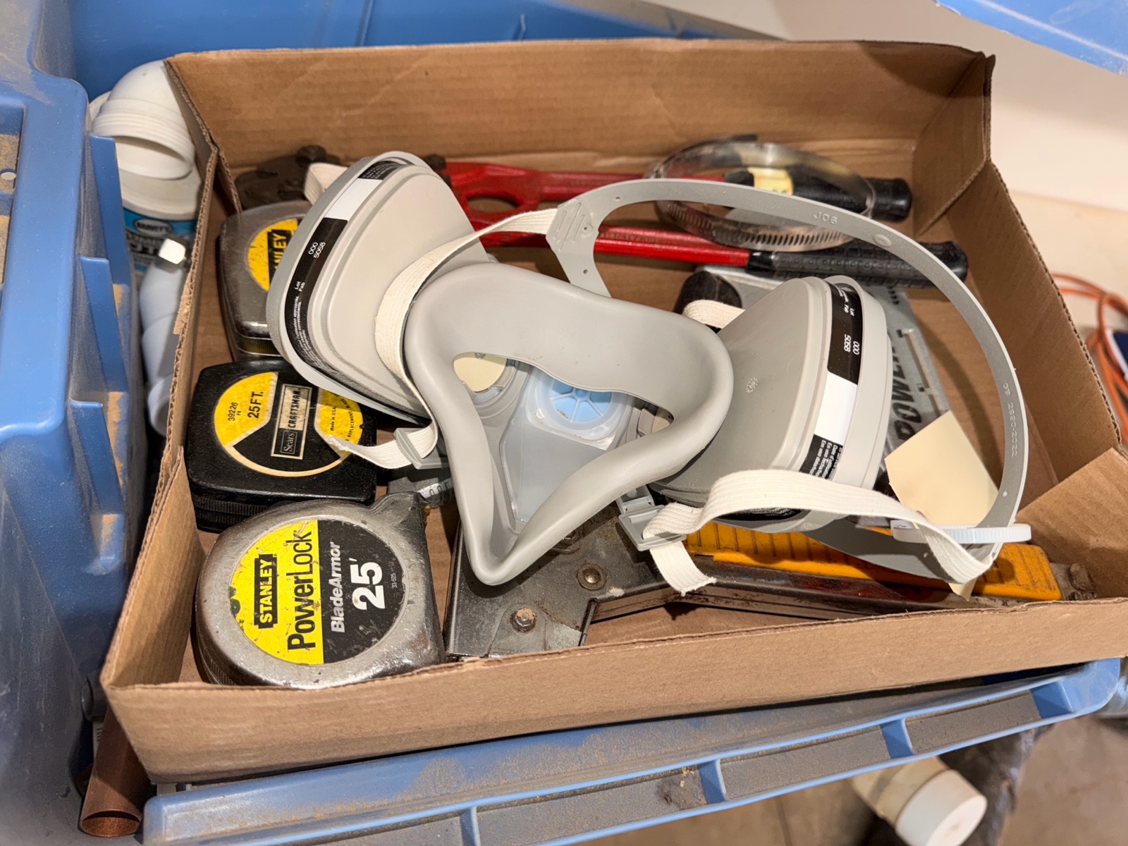 Various Plumbing & Tape Measures Staple gun & Misc.