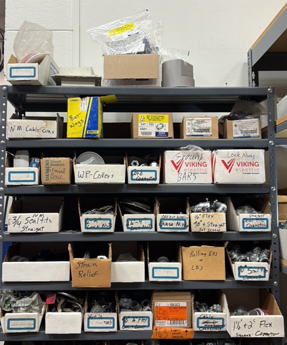 Electrical hardware on 5 shelves and top