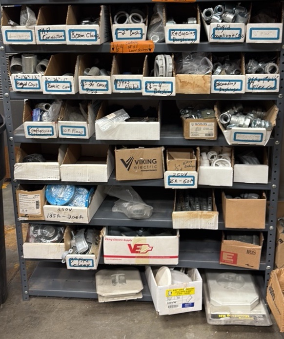 Electrical Conduit hardware on bottom 6 shelves