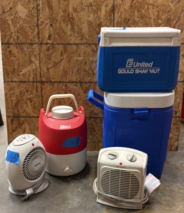 3 Coleman coolers Holmes fan Pelonis space htr.