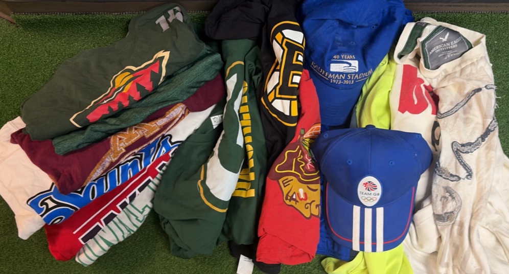 Mixed Bag of Sports TeamsWear (Half the shirts or Kids Size, Half are Adult) 12 Shirts & 2 Hats