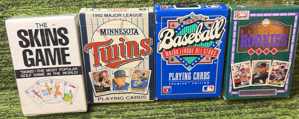 Playing Cards Lot of 4 Decks, Skins Game, Minnesota Twins, 1990 Baseball MLB Player, & Rookies Playing Decks