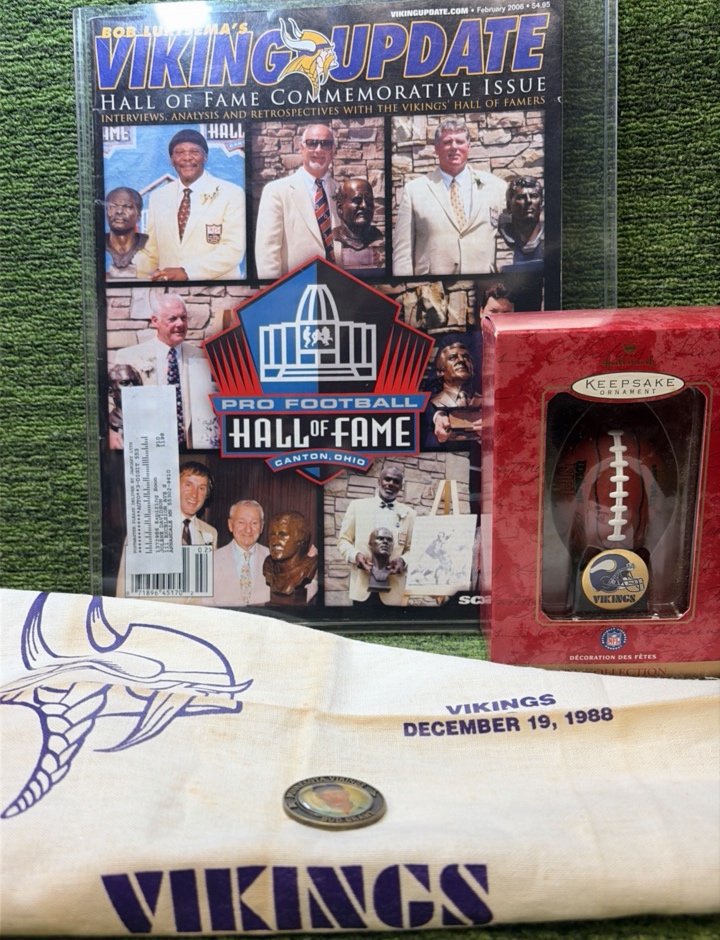 Minnesota Vikings Lot of 4 Items  HOF Commemorative Issue, ORNAMENT, 1988 Hanky, & Bud Grant Coin