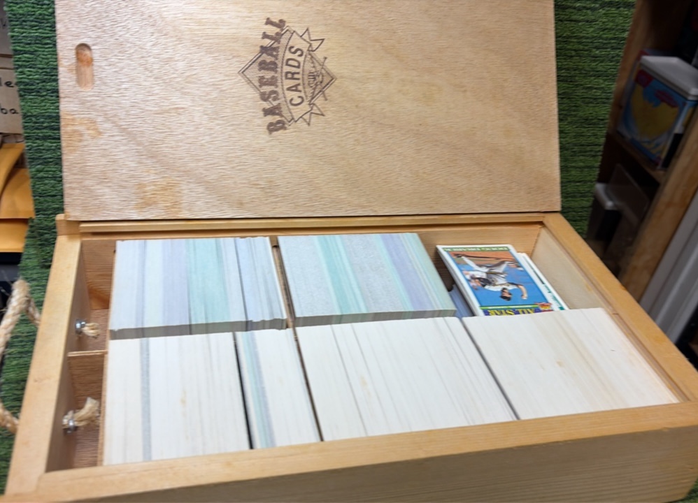 Baseball Cards LOT in Wood Box- 90s Baseball in Cool Box w Rope Handle
