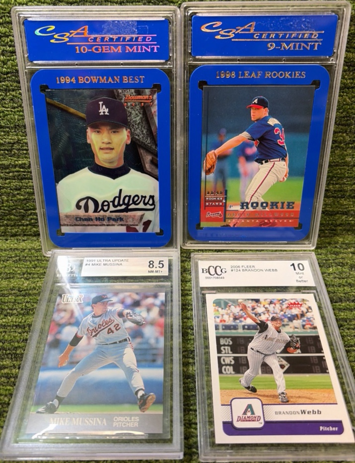 Graded Card of 4 ( Chan Ho Park Gem Mint 10, Mike Mussina Beckett 8.5, Brandon Webb BCCG 10, & 1998 Leaf Rookies 9 MINT)