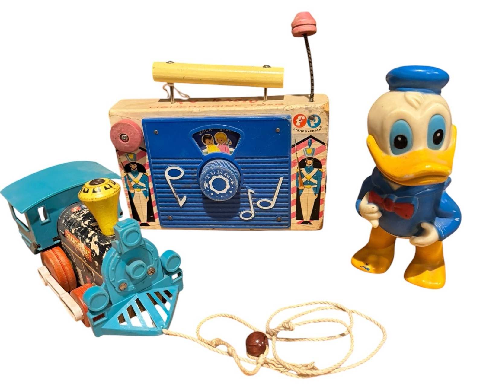 Vintage Toys - Fisher Price Radio, Pull String Locomotive & Donald Duck Toy