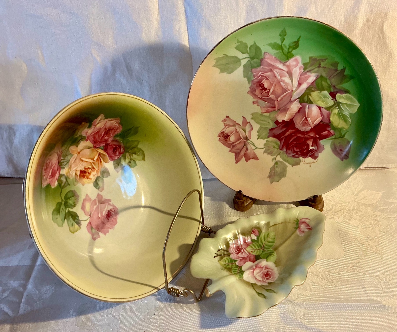 Group of 3 vintage hand painted floral rose china dishes, Lefton, Germany