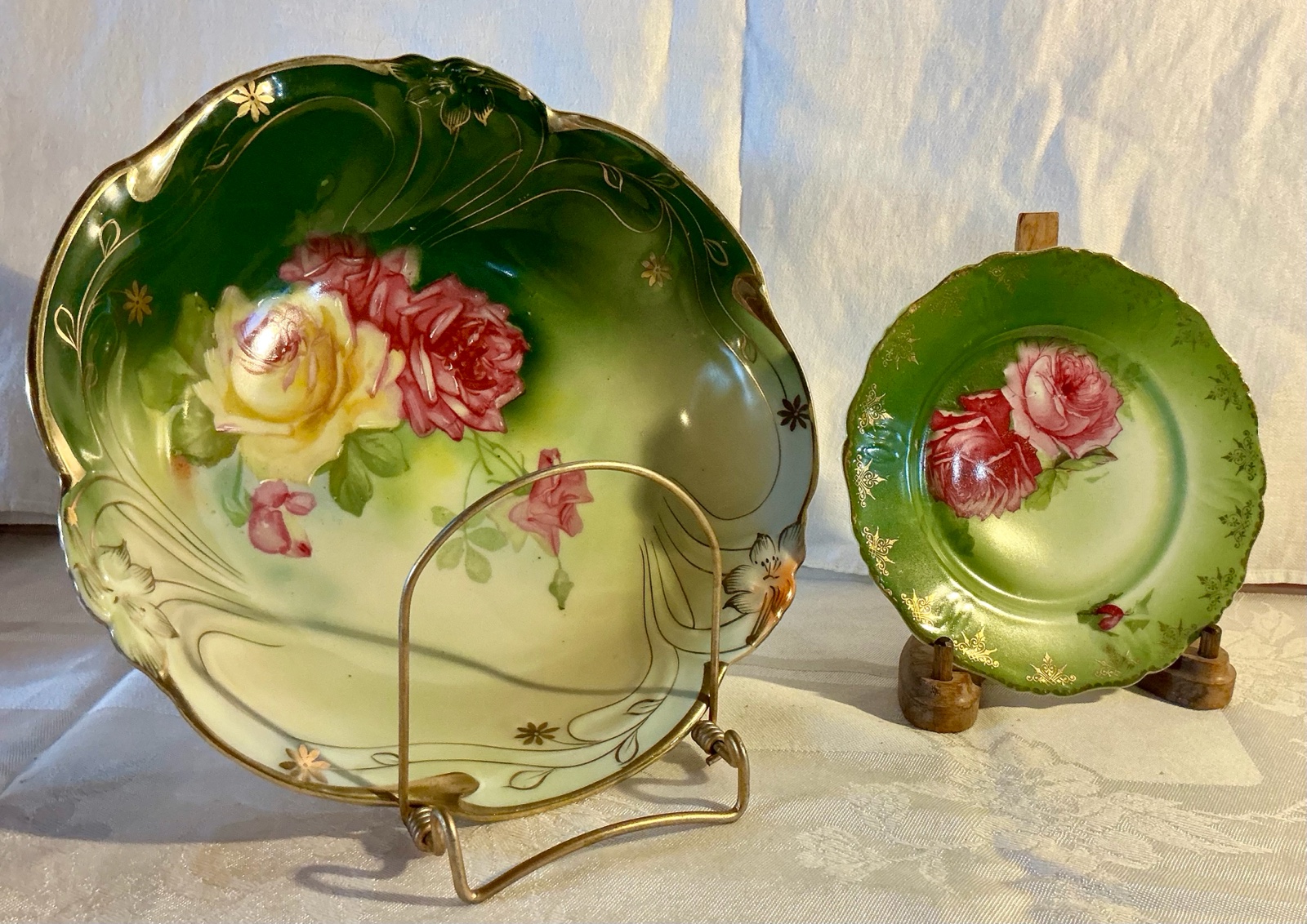 Pair of vintage hand painted transfer ware Bavria china bowl and plate