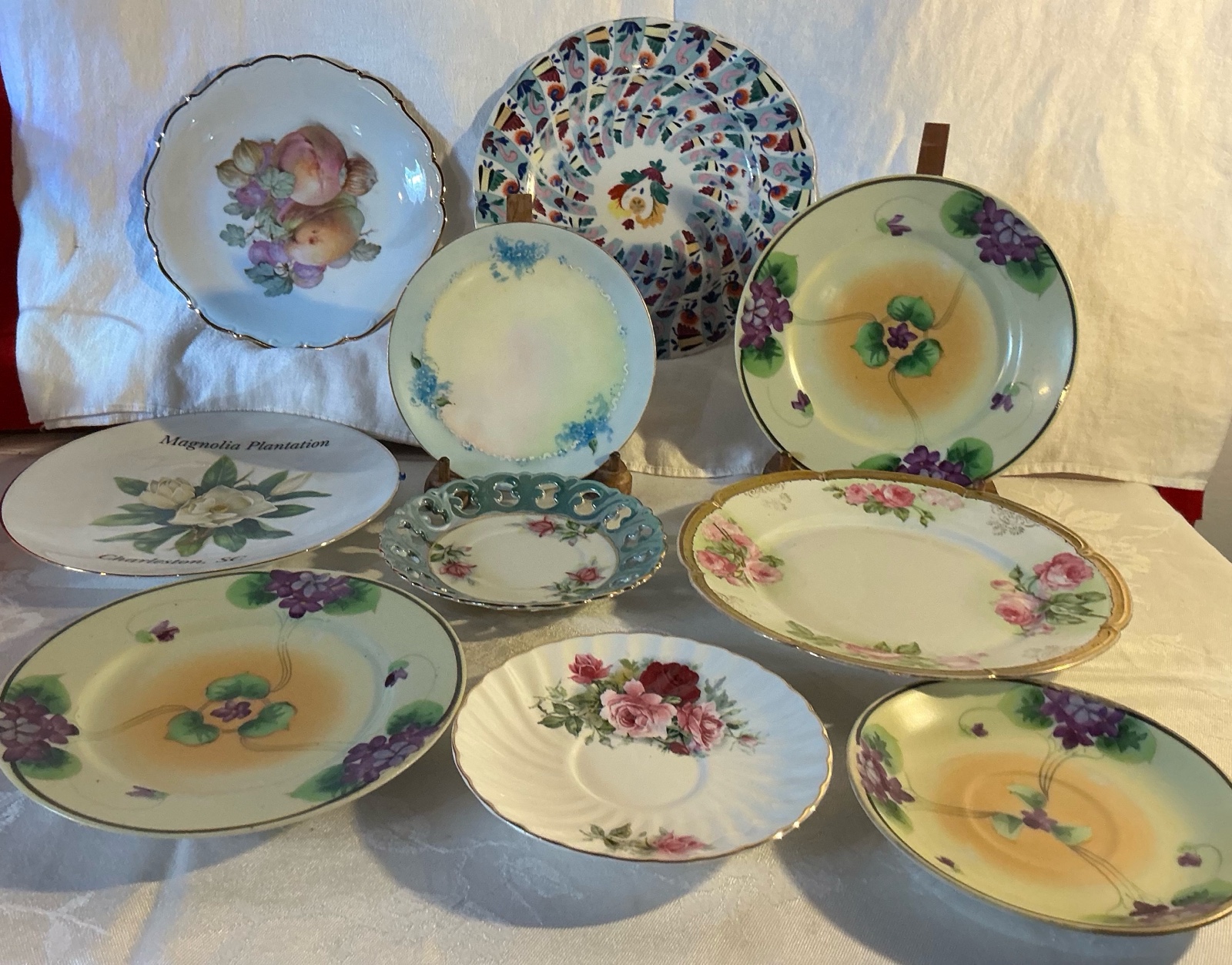 Group of 10 vintage hand painted transferware Bavaria, Germany, Vienna china plates