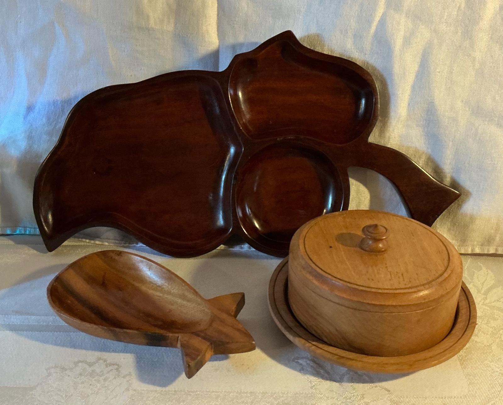 Vintage monkey pod tray, mahogany wood tray and butter dish