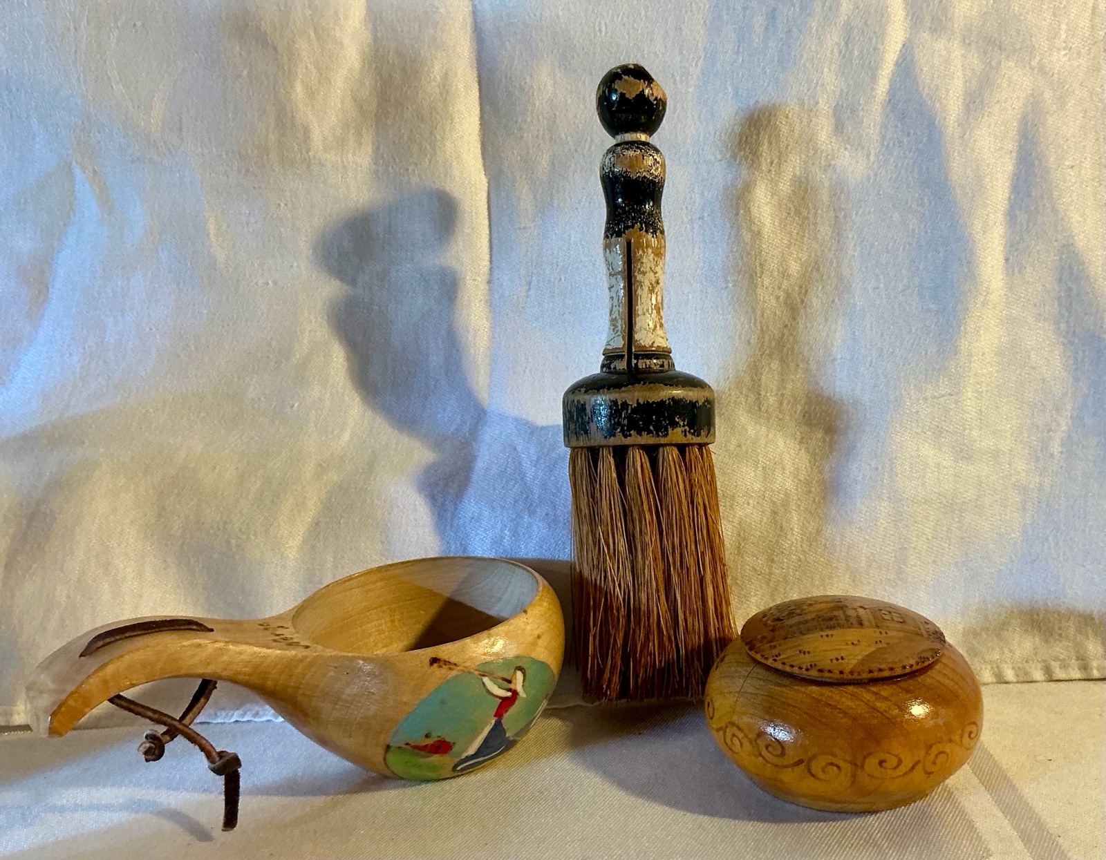 Vintage wood Norwegian and primitive bowl, trinket box, whisk broom