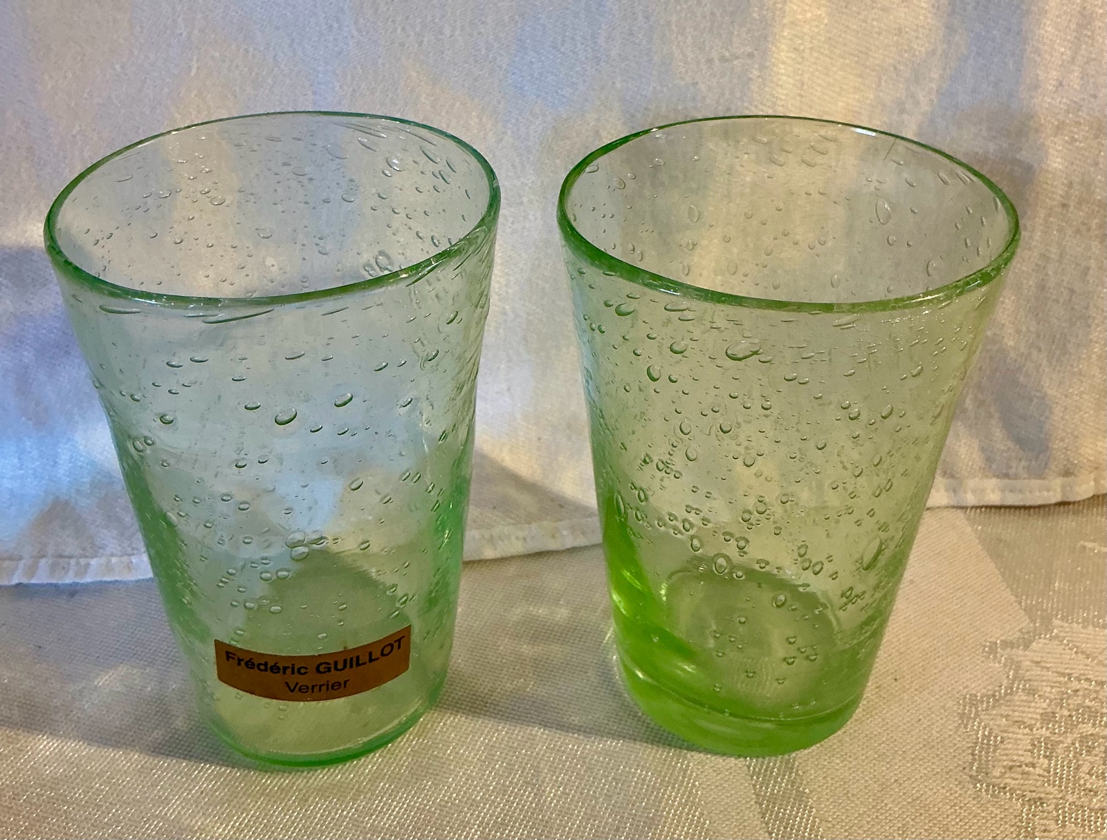 Pair of vintage Frederic Guillot seeded glass tumblers light green