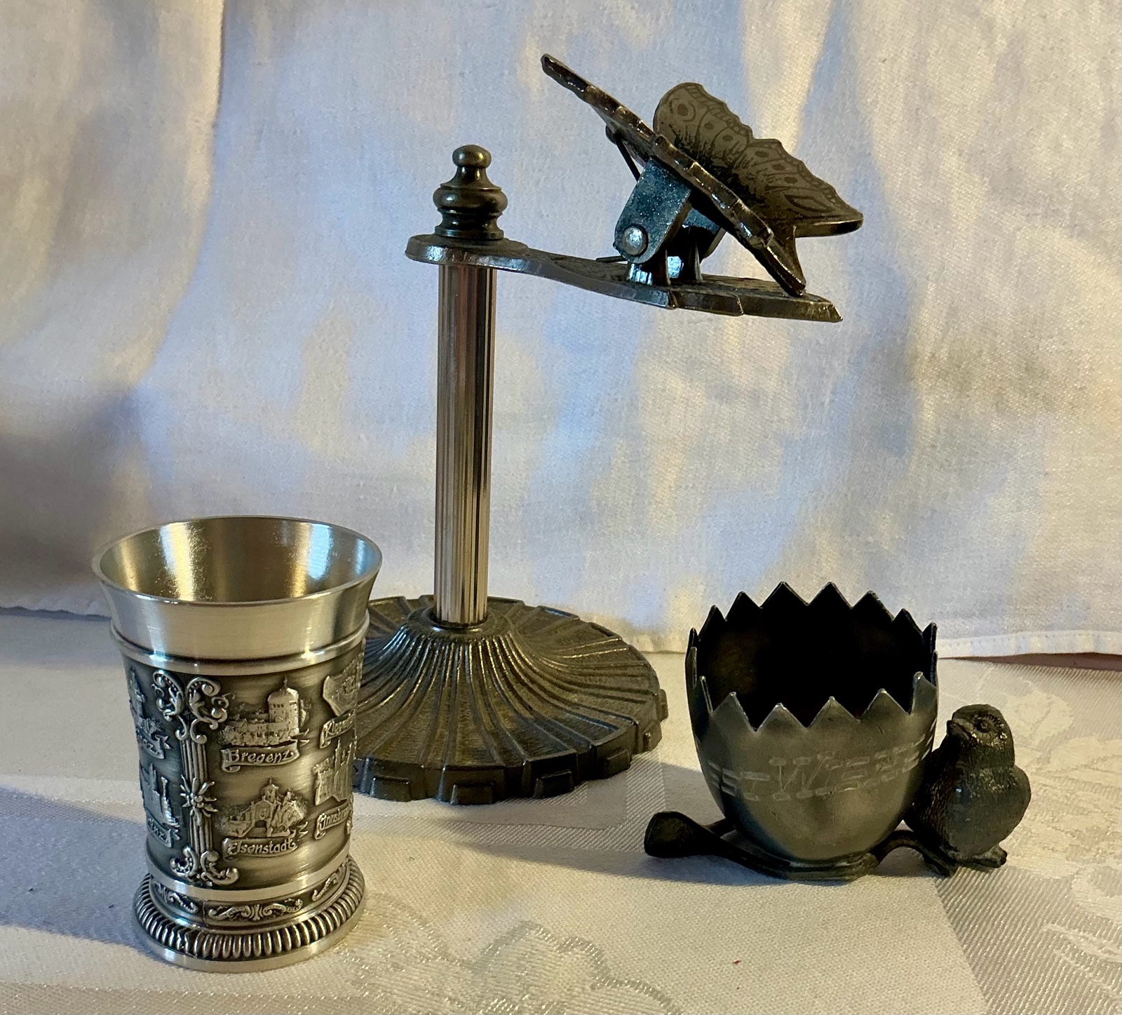 Vintage silver toned & pewter egg cup, shot glass and letter holder