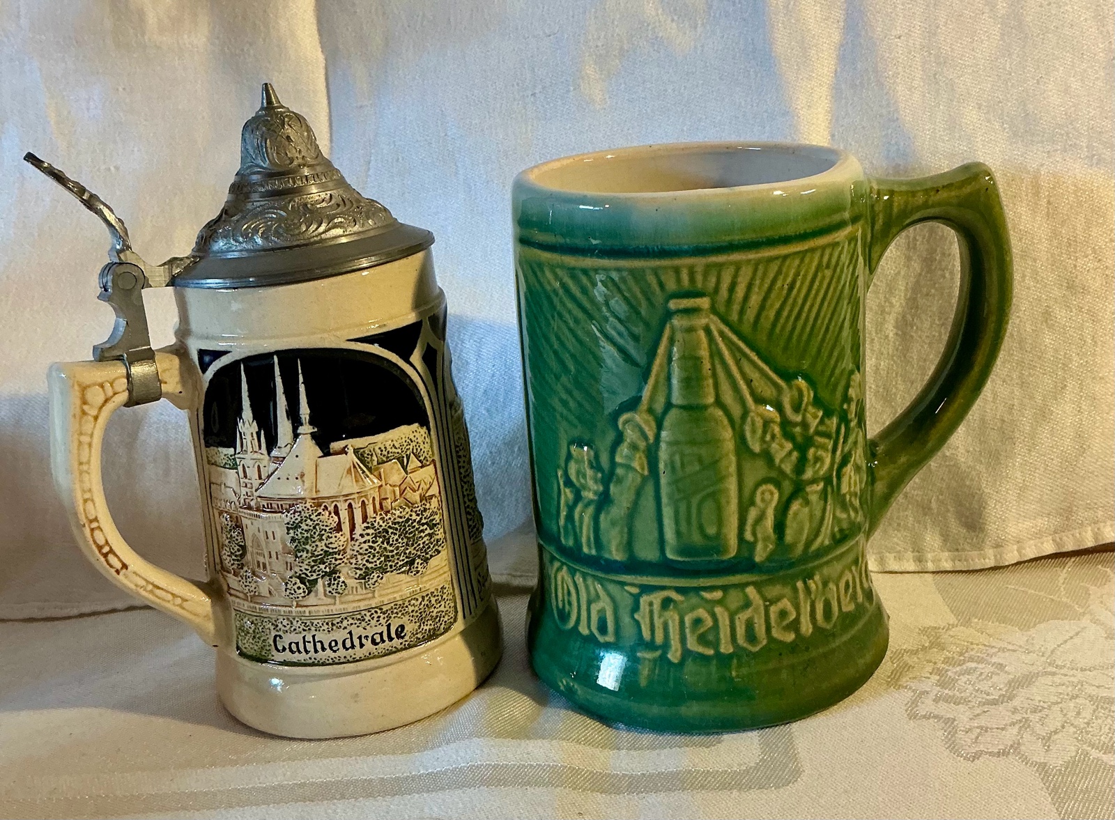 Pair of vintage beer steins, Luxembourg & Heidelberg Stoneware Mugs