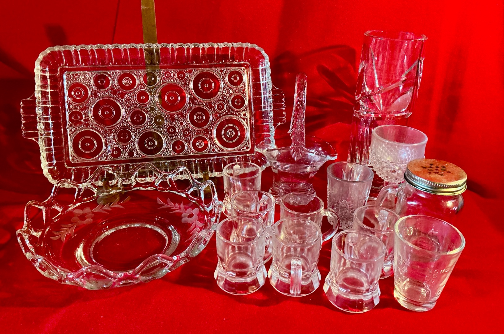 Group vintage clear glass brides basket, EAPG and other misc. etched glass items