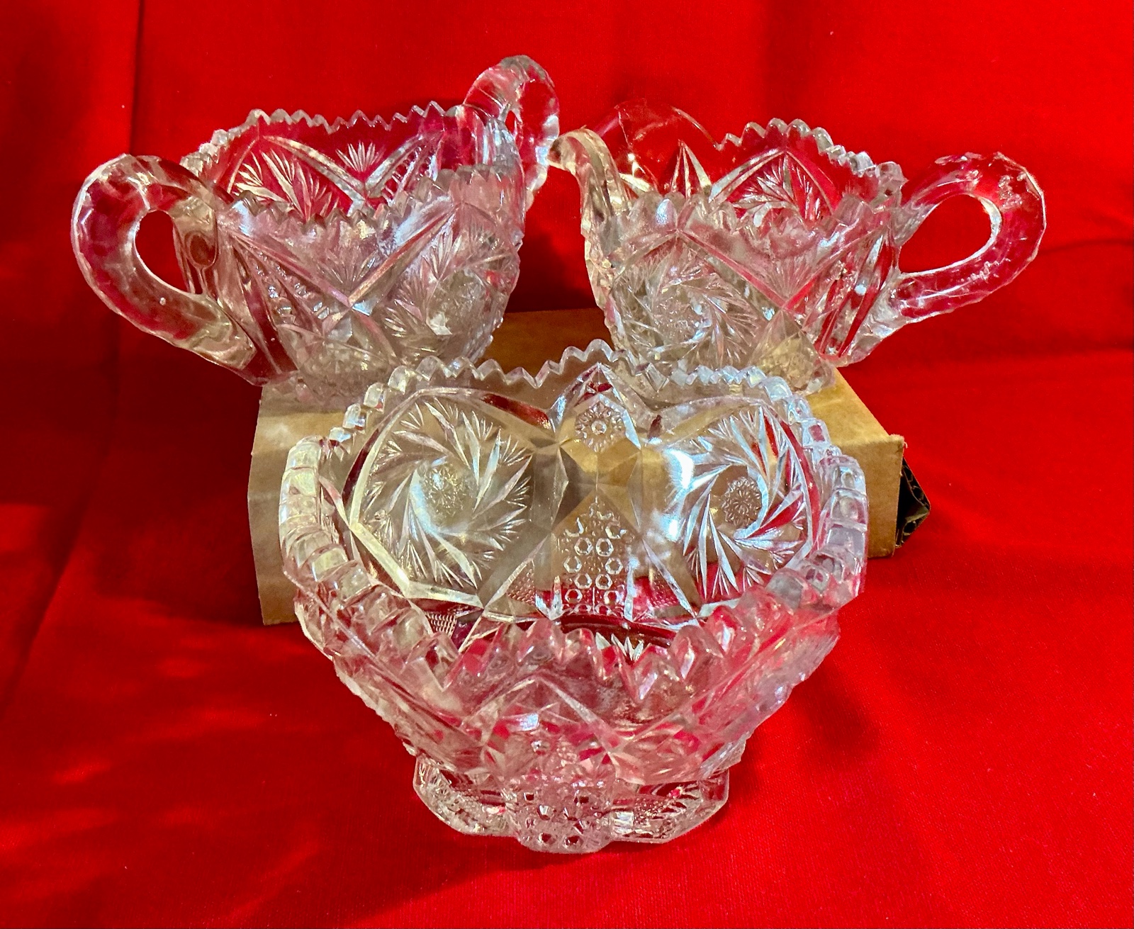 Vintage EAPG glass condiment set, cream & sugar and candy dish