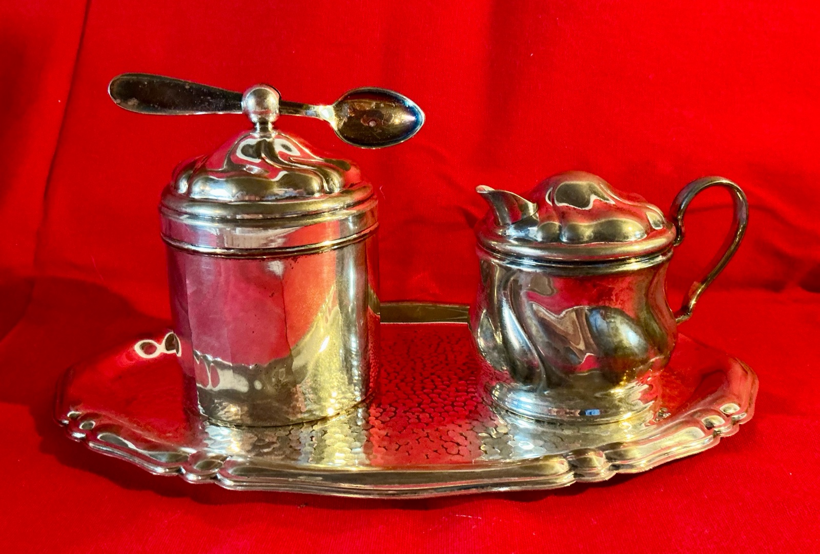 Silver tone cream & sugar set with tray and spoon