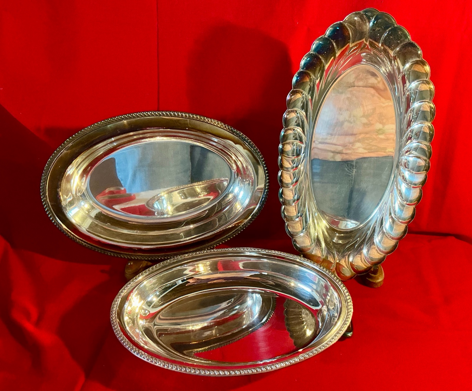 Set of 3 silver toned, handled serving trays Rogers and Viking