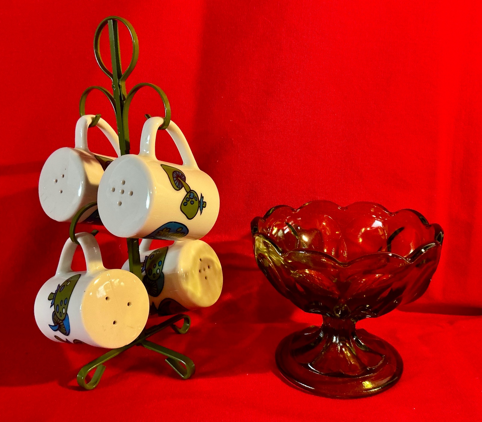 Collectable Takahashi green mushroom Salt & Pepper shaker sets with candy dish