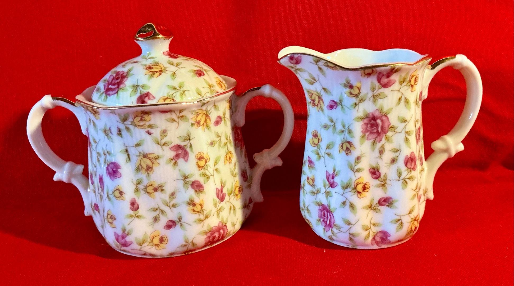 Collectable Chintz pink rose cream & sugar, Japan China