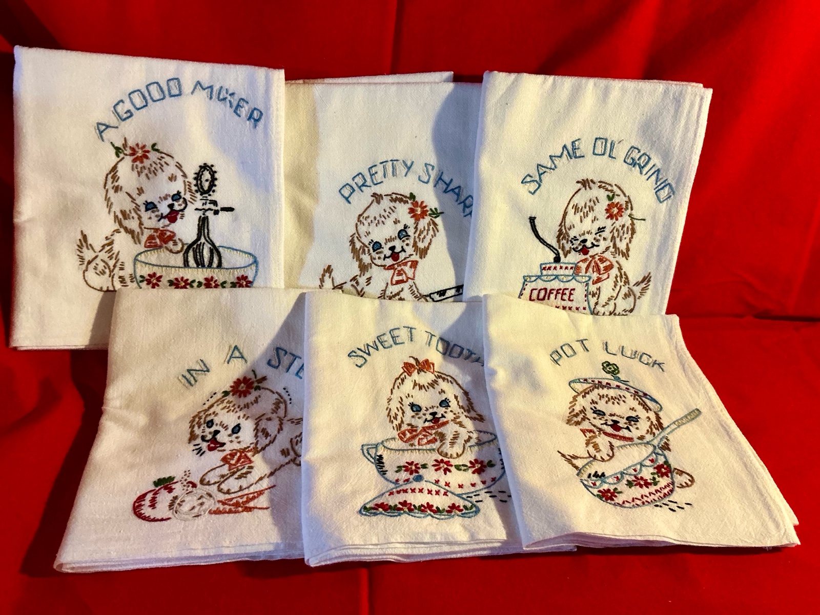 Set of 6 Flour Feed Sack Embroidered Kittens Kitchen Dish Towels Set