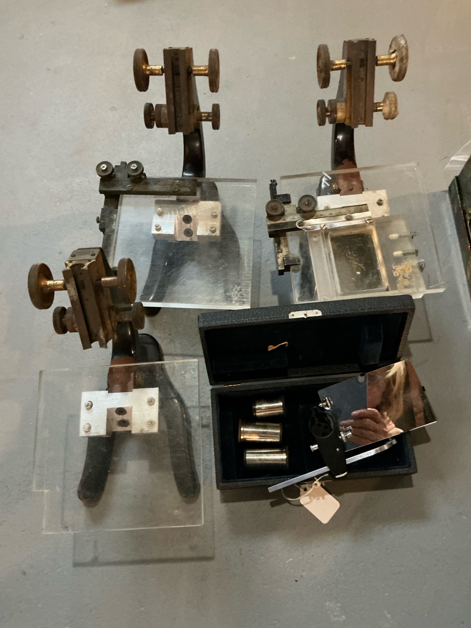 Group of 3 Vintage Zeist Microscope bases with extra lenses