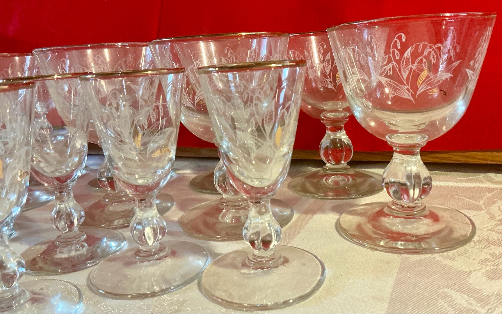 Group of vintage Libbey lily of the valley cocktail & cordial glasses
