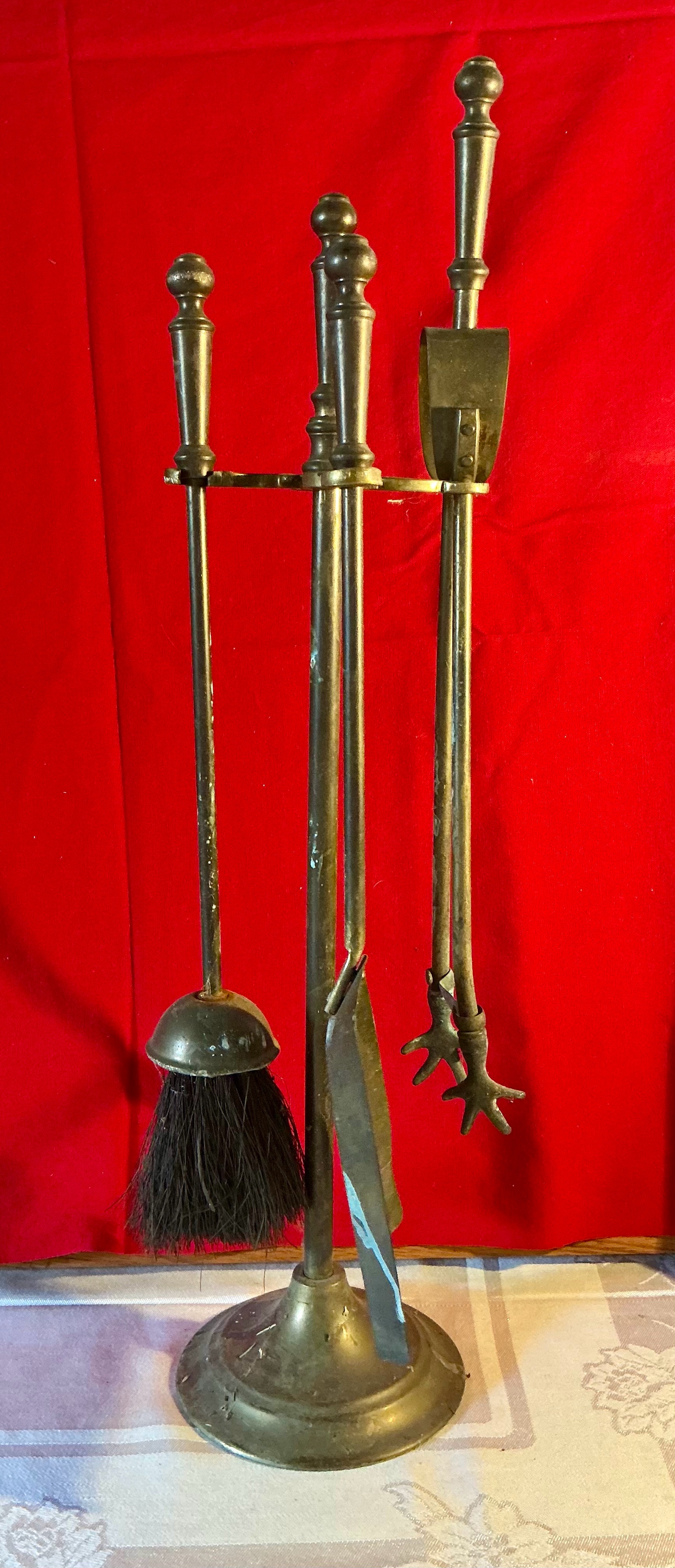 Vintage brass fireplace tool set, urn-style finials with matching stand