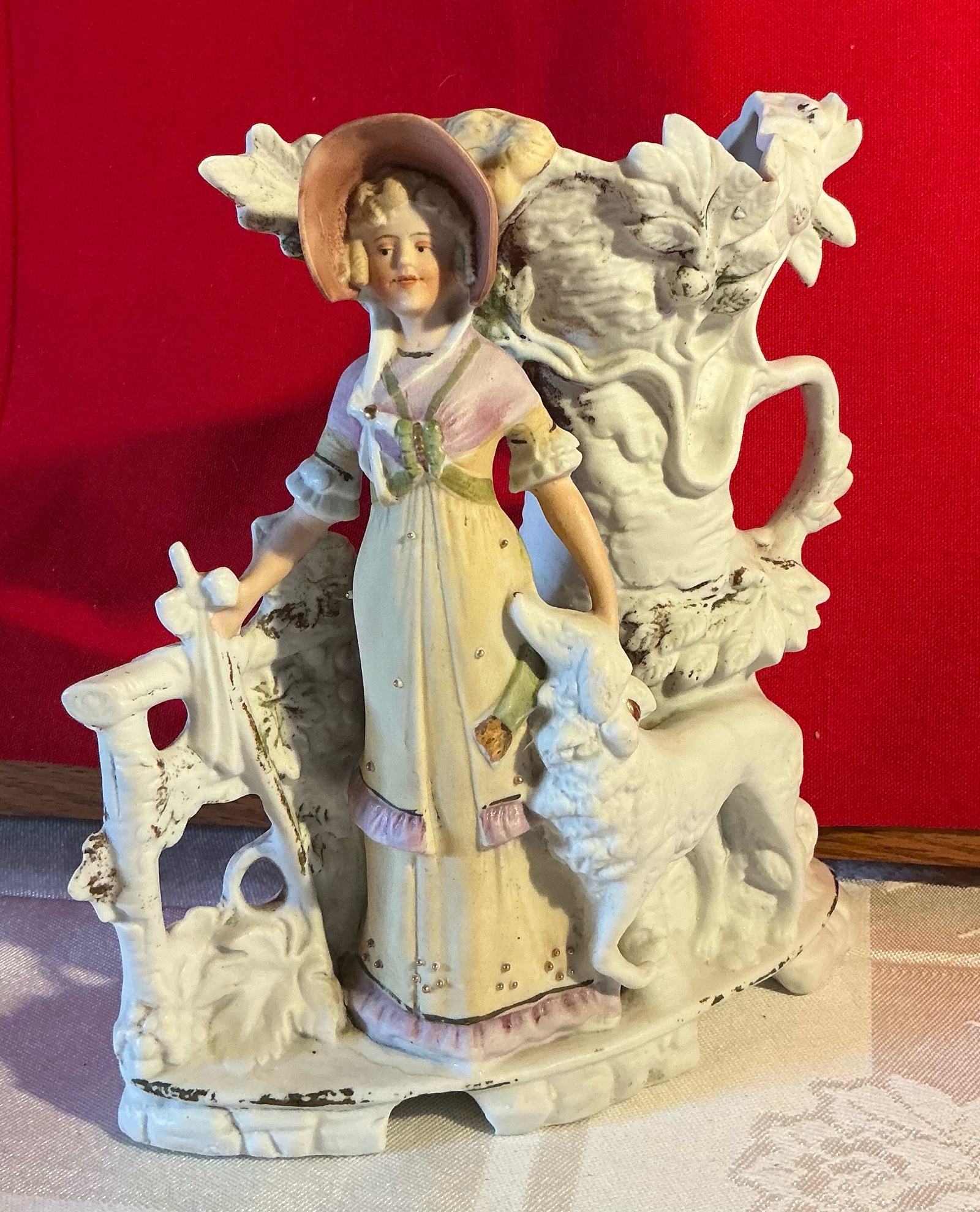 Vintage made in Germany bisque Victorian lady with dog, planter. Possibly Carl Schneider