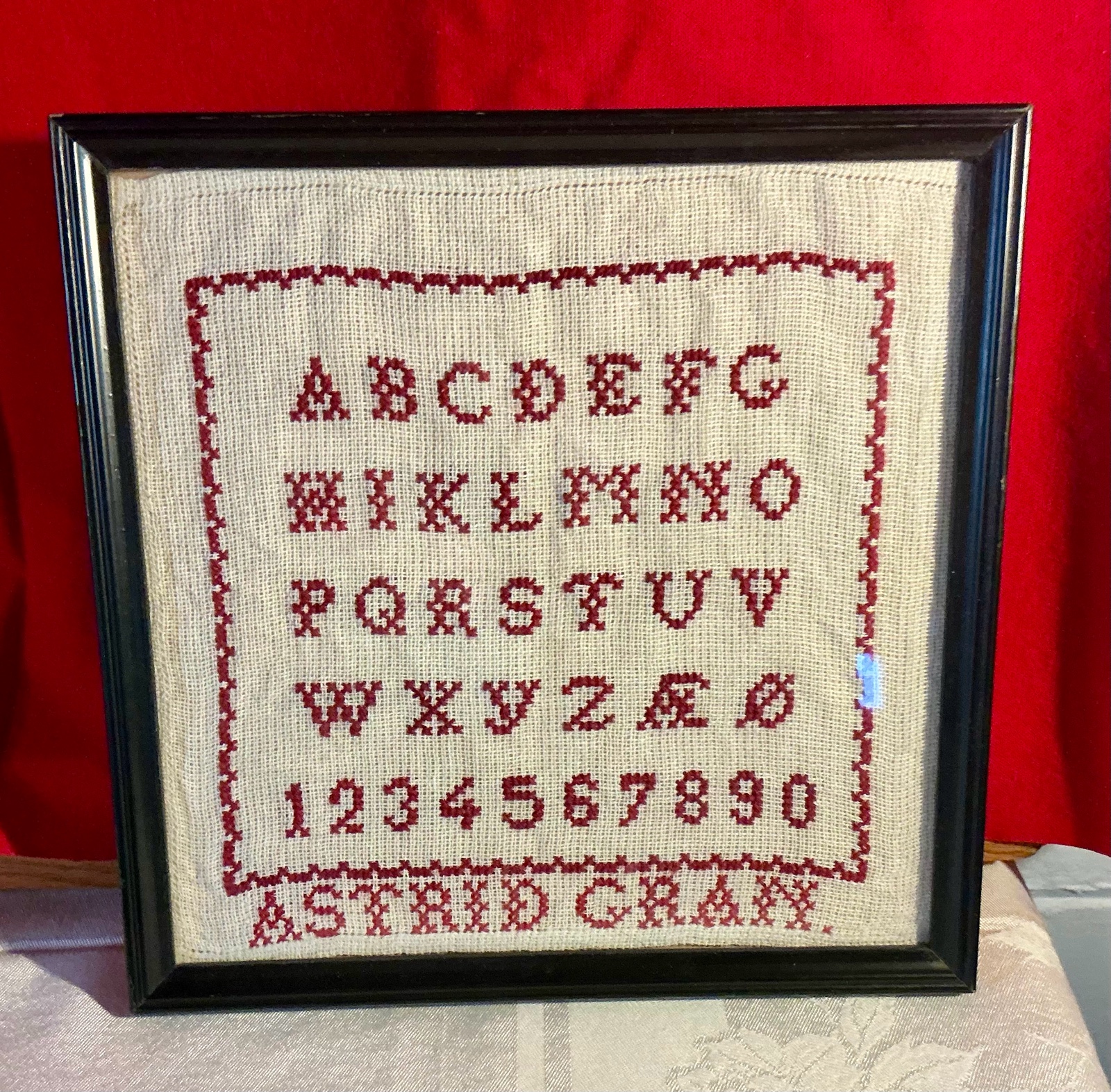Vintage framed embroidered sampler Astrid gran