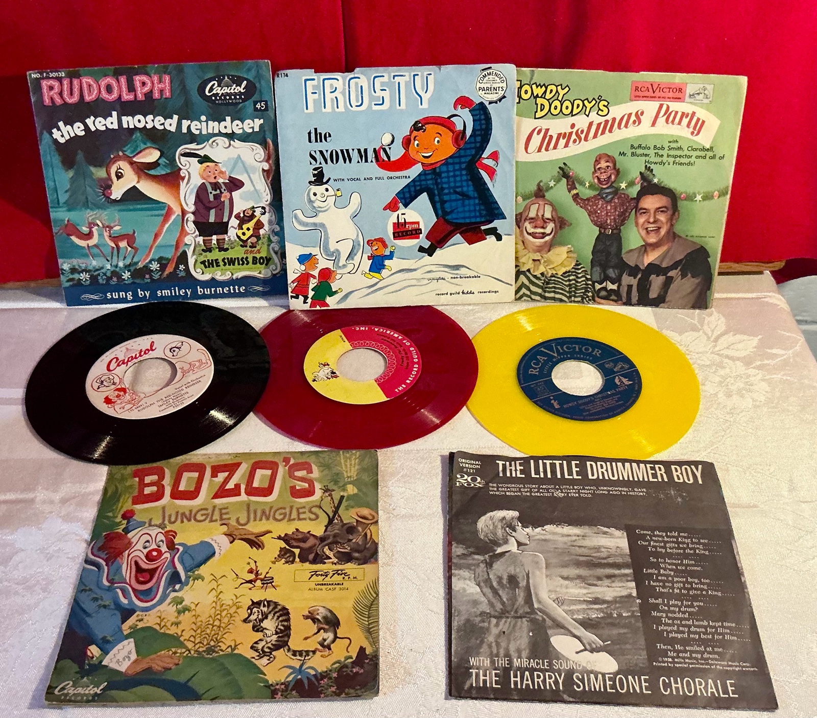 Vintage Group of 6 childrens 45s RPM vinyl records, Bozos, Rudolph  more