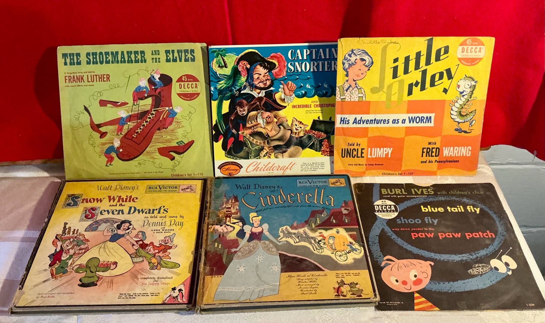 Vintage group of childrens 45 RPM vinyl records, Walt Disney, yellow vinyl records