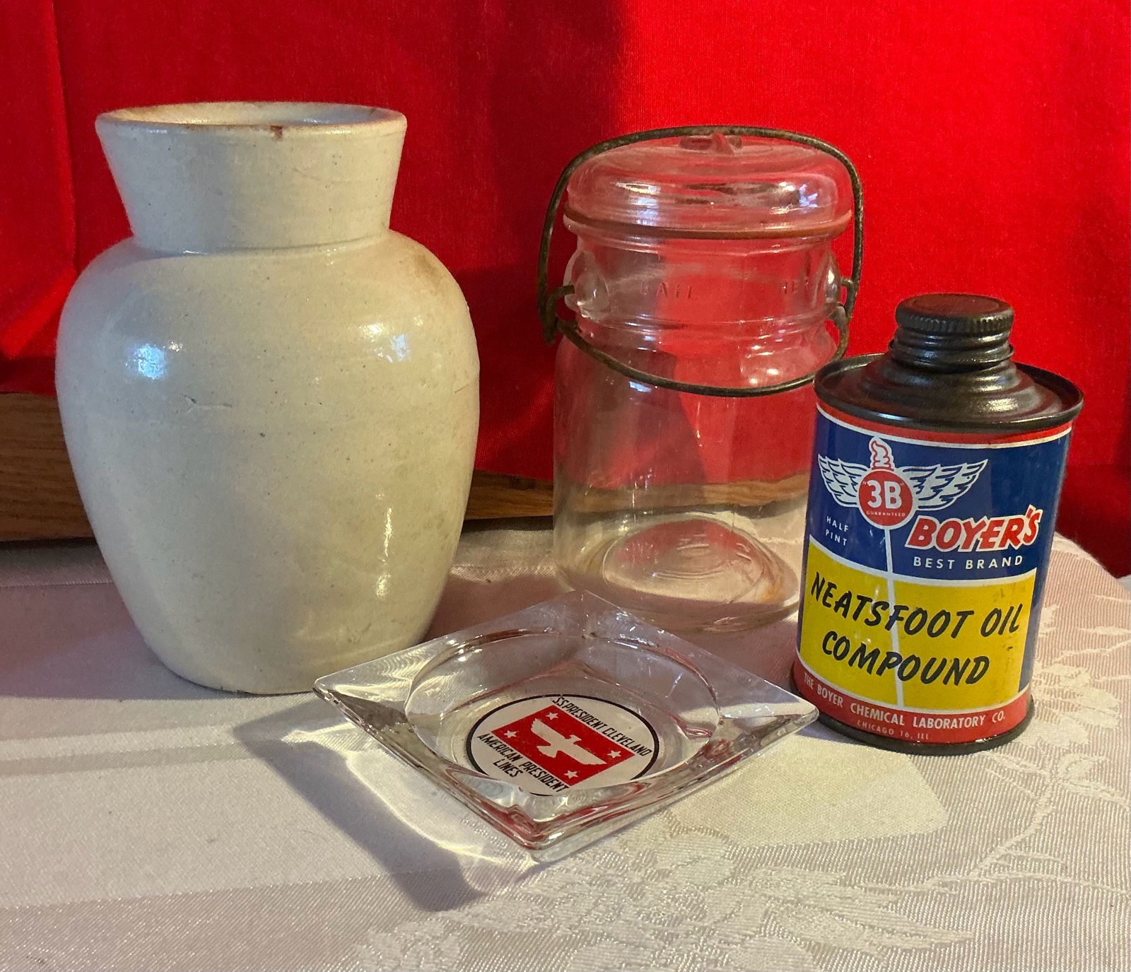 Vintage 1910 stoneware snuff jar and other advertising items