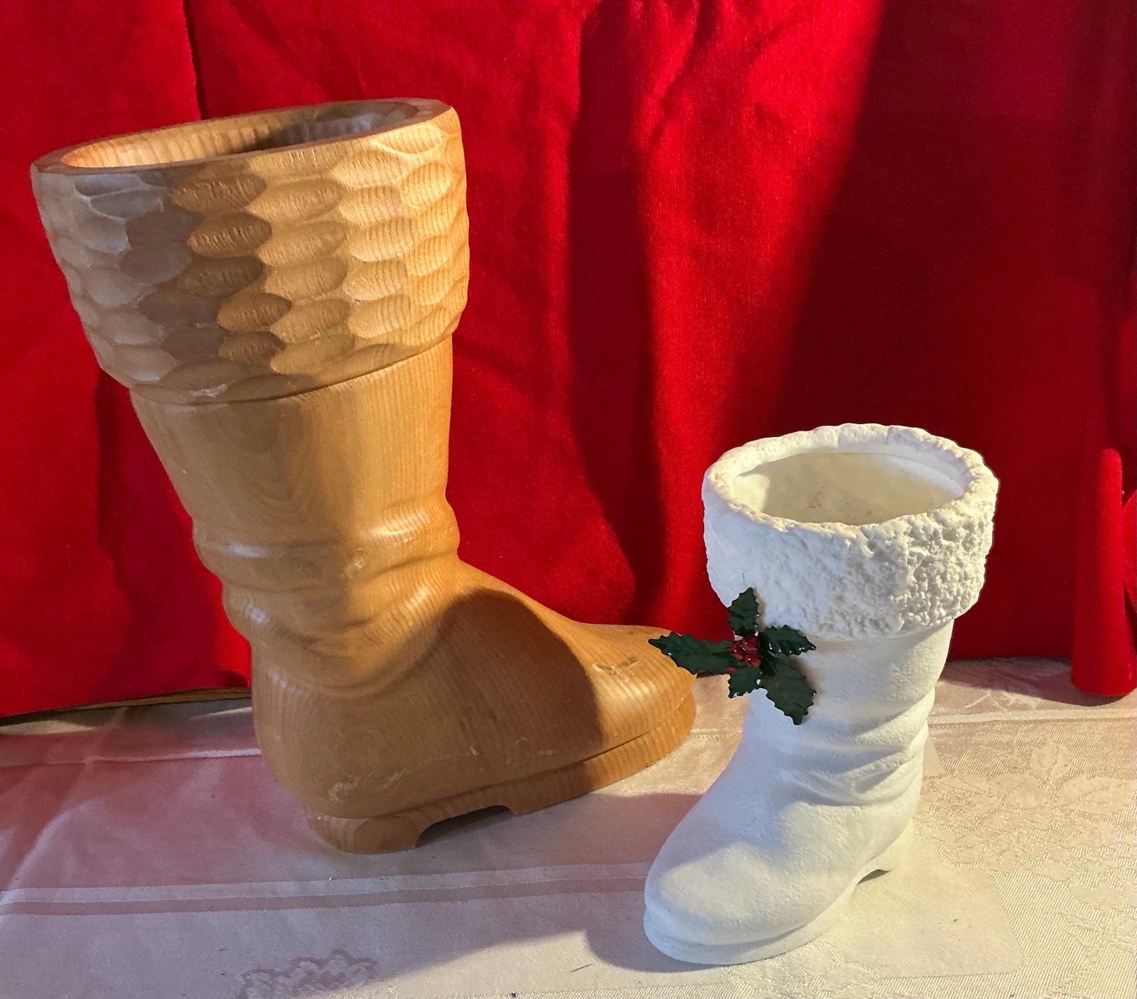Christmas decor, wood and ceramic santa boots Dept 56