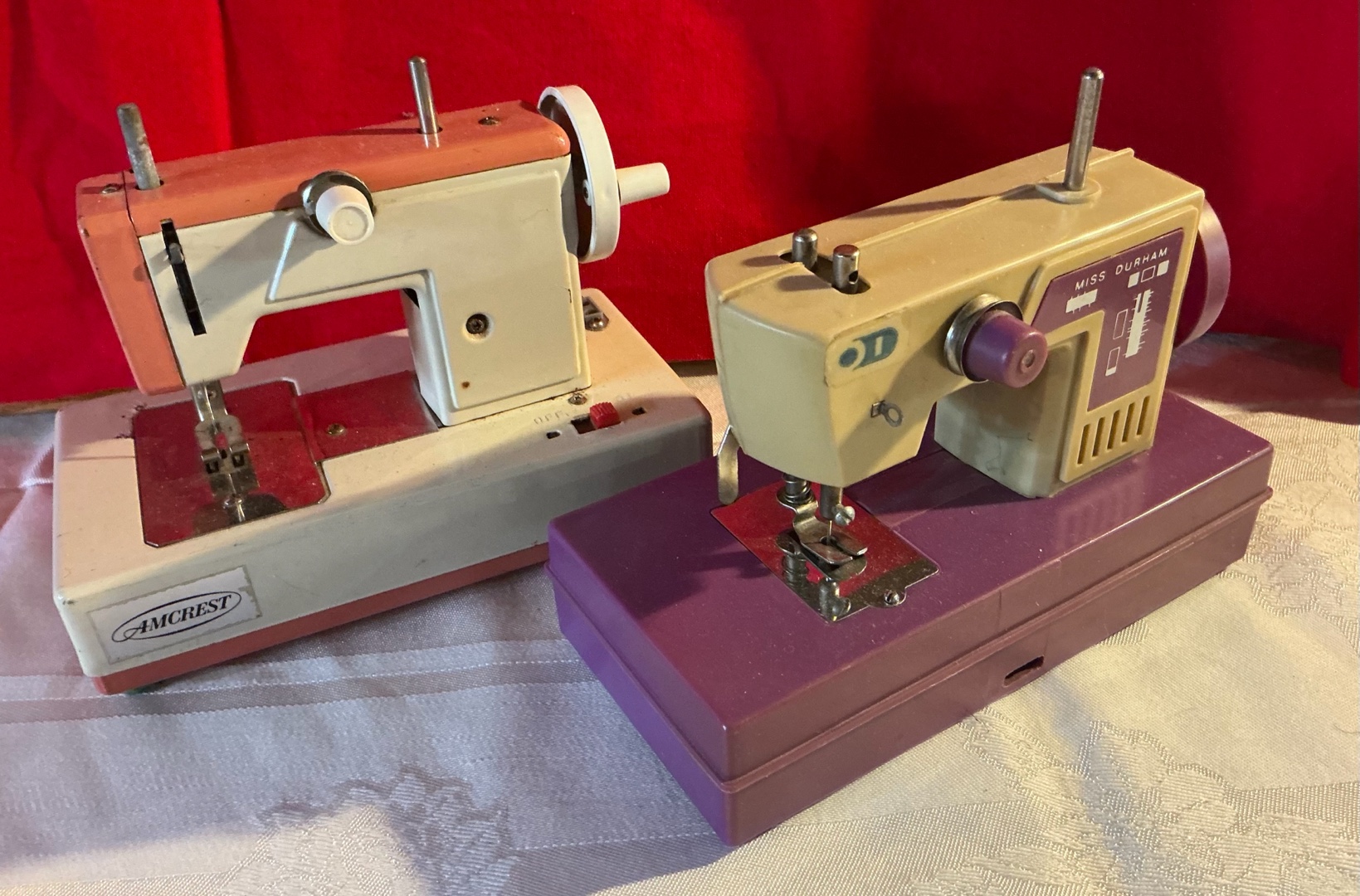 Pair of vintage toy childs sewing machines Amcrest & Miss Durham