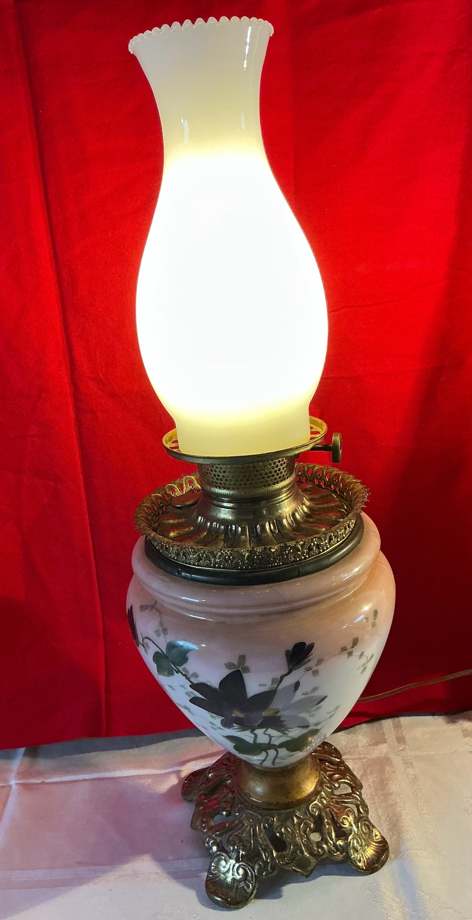 Vintage electrified glass hurricane lamp hand painted floral rose