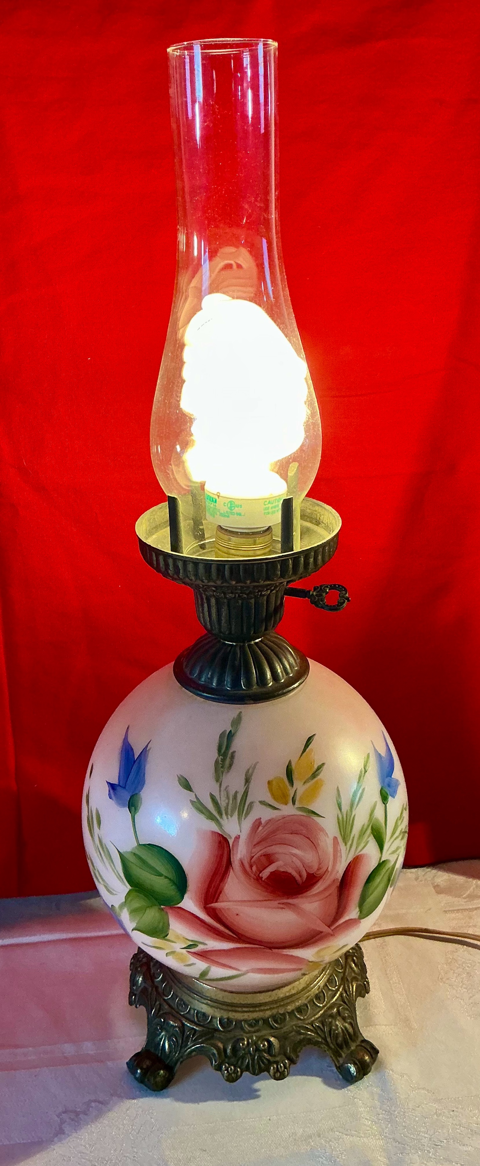Vintage electrified glass hurricane 3-way lighted lamp hand painted floral
