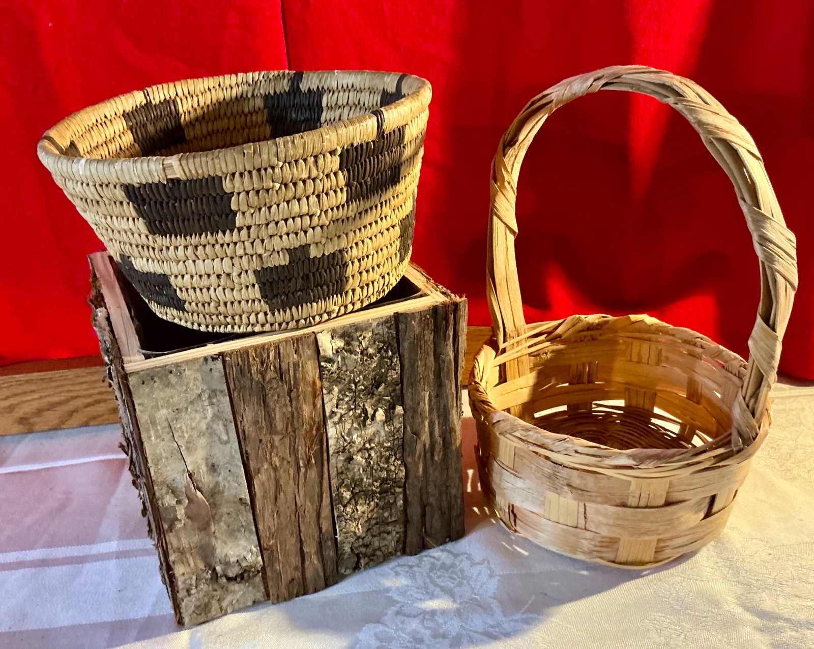 Woven basket, bark planter group